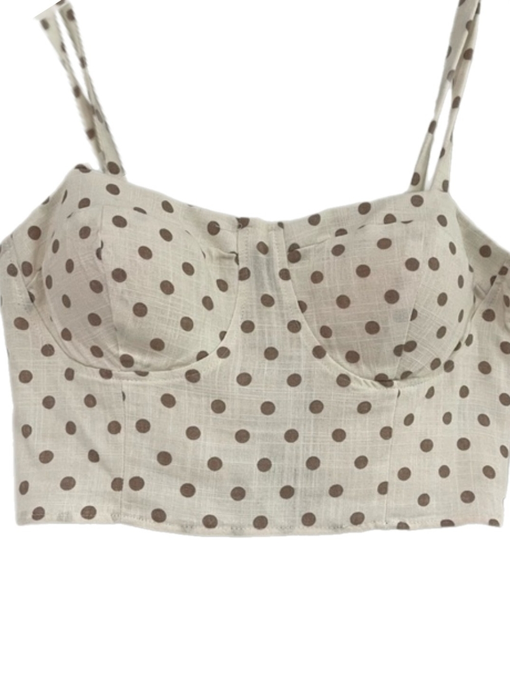 Lily Rose Cream Linen Bustier Crop Tank Top W/Brown Polka Dots Smocked Back Sz L